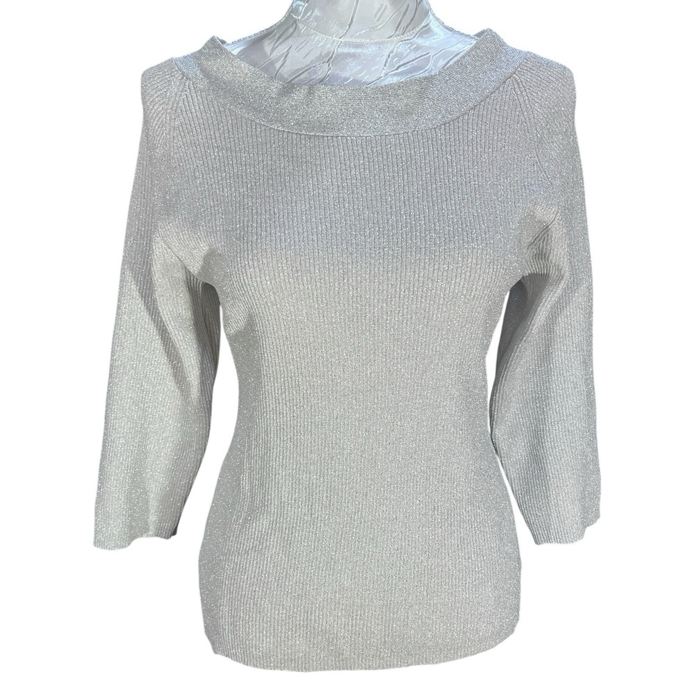 Claudia D Women Sz L Silk Blend Silver Metallic Top 1/2 Sleeve Holidays Cocktail